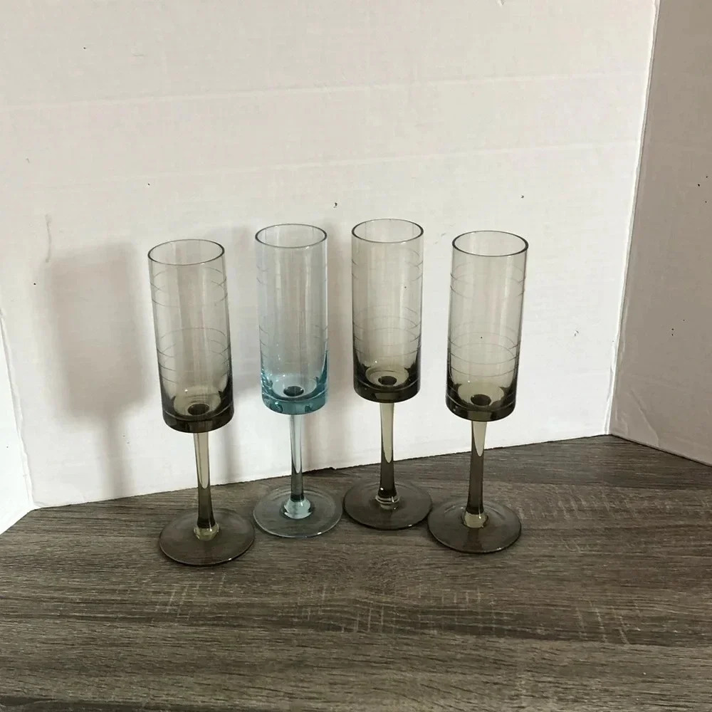 Grid Etched Coloured Glass Champagne Flutes